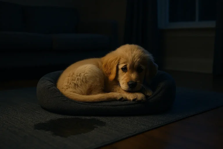 image illustrant un bébé Golden Retriever avec un petit accident nocturne sur le tapis pour expliquer à quel âge un chiot est propre la nuit selon sa maturité biologique.