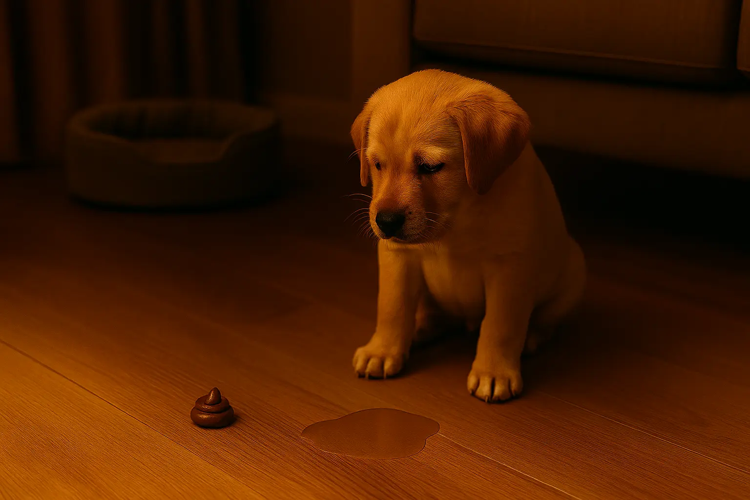 Un chiot Labrador assis tristement sur un parquet devant un accident (pipi et besoin), illustrant parfaitement bien les difficultés de l'éducation canine et le défi quotidien de la propreté du chiot la nuit pour les nouveaux maîtres.